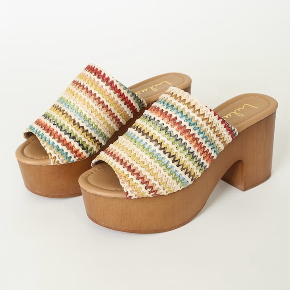 Lulu’s Shoes Women’s Size 10 Laryssa Beige Multi Woven Peep-Toe Platform Mules